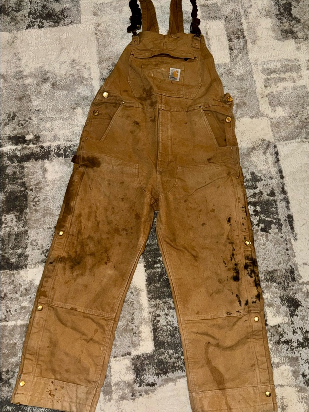Trashed Carhartt Brown Duck Canvas Bib Overalls